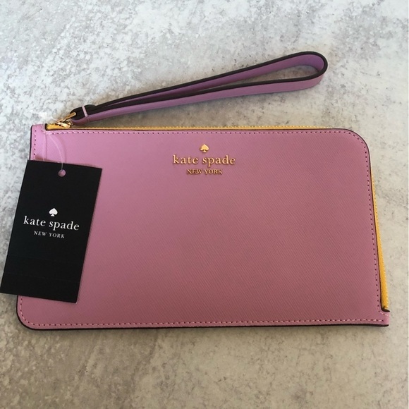 Kate Spade Medium L Zip Wristlet Lucy Bicolor Saffian Berry - Picture 2 of 13
